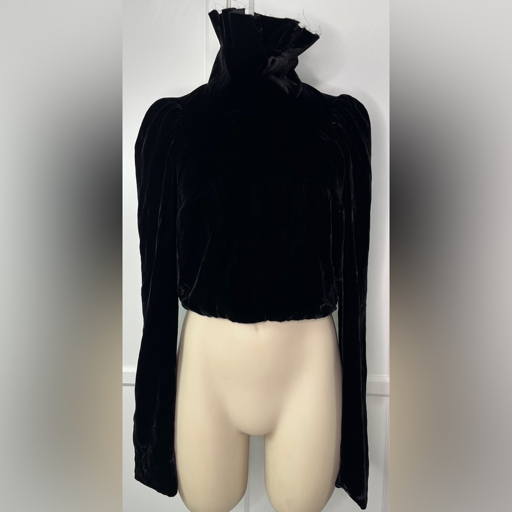 Alexander McQueen Ruffle Fray Turtleneck Top Velvet Cropped Black NWT $3,600